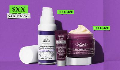 Kiehl's cilt bakım seti; tam boy retinol serumu ve coklu duzeltici krem ile birlikte bir goz bakım urununu icerir. Promosyon detayları fiyat ve değeri gosterir.