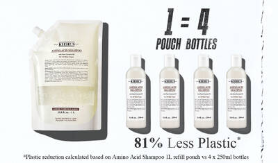Kiehl's Amino Acid Şampuan 1L doldurma poşeti, dort şişeye eşittir ve dort adet 250ml şişeye kıyasla %81 daha az plastik kullanır; cevre dostluğu ve azaltılmış ambalajları vurgular.​