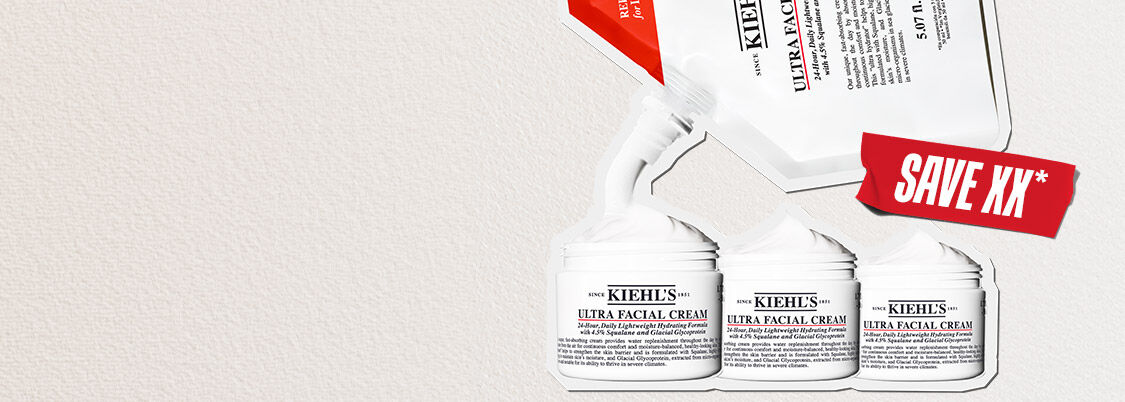 Kiehl’s yeniden doldurma poşetleri ve Ultra Facial Cream kavanozları, “Daha Azına Doldur” başlığı, "Şimdi Doldur" butonu ve “XX Tasarruf Et” etiketiyle sergileniyor; daha az ambalaj tuketimini ve tasarrufu teşvik ediyor.