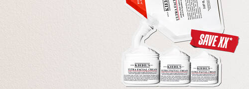 Kiehl’s yeniden doldurma poşetleri ve Ultra Facial Cream kavanozları, “Daha Azına Doldur” başlığı, "Şimdi Doldur" butonu ve “XX Tasarruf Et” etiketiyle sergileniyor; daha az ambalaj tuketimini ve tasarrufu teşvik ediyor.