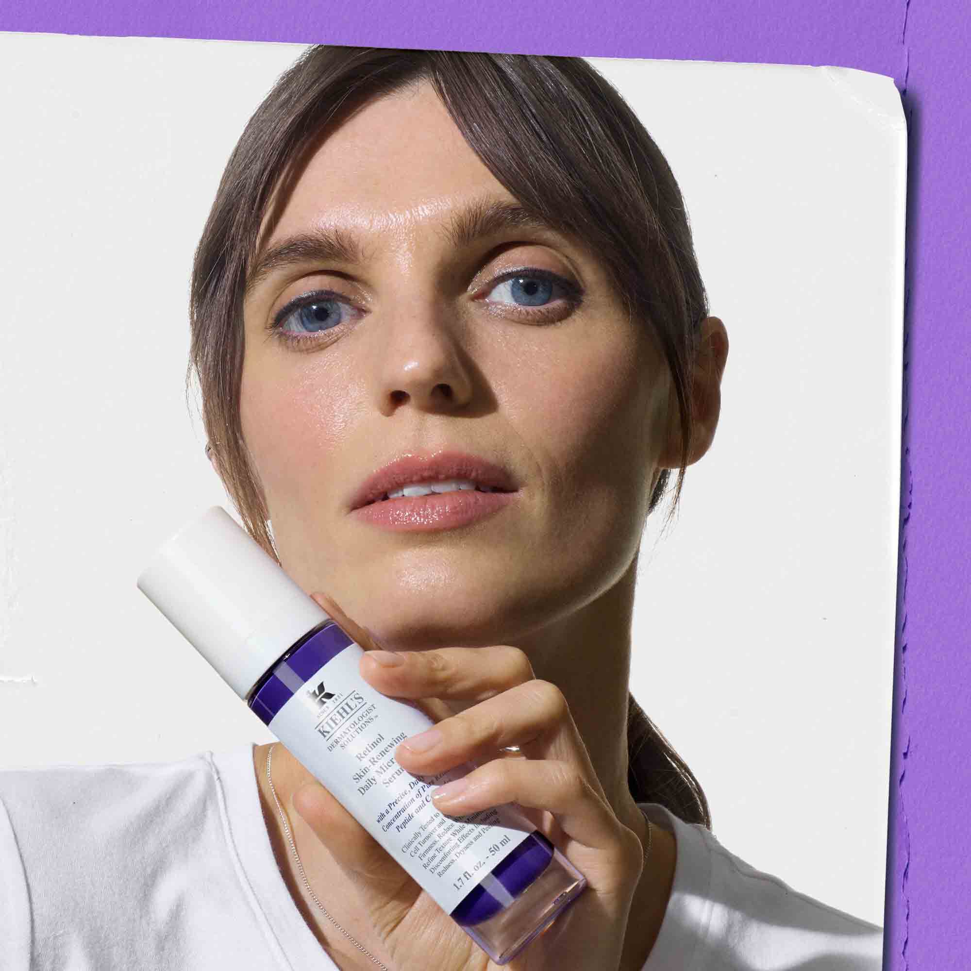Retinol Skin-Renewing Daily Micro-Dose Serum application guide – woman applying serum to her face with step-by-step instructions.​