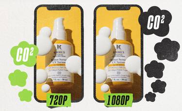Kiehl’s serum infographic comparing lower CO2 impact of 720p versus higher 1080p streaming on smartphones, promoting digital sustainability.