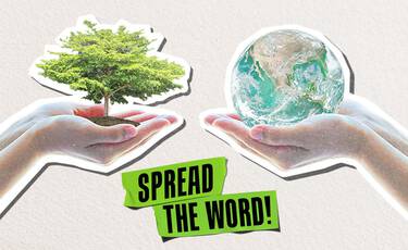 Hands holding a tree and the Earth with a green banner reading "SPREAD THE WORD!" highlighting environmental awareness and sustainability.