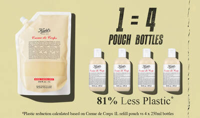 Kiehl's Creme de Corps 1L yeniden dolum şişesi, dort şişeyi değiştiren ve dort 250 ml şişeye kıyasla %81 daha az plastik kullanan tasarımıyla surdurulebilirliği ve azaltılmış ambalajı vurgular.